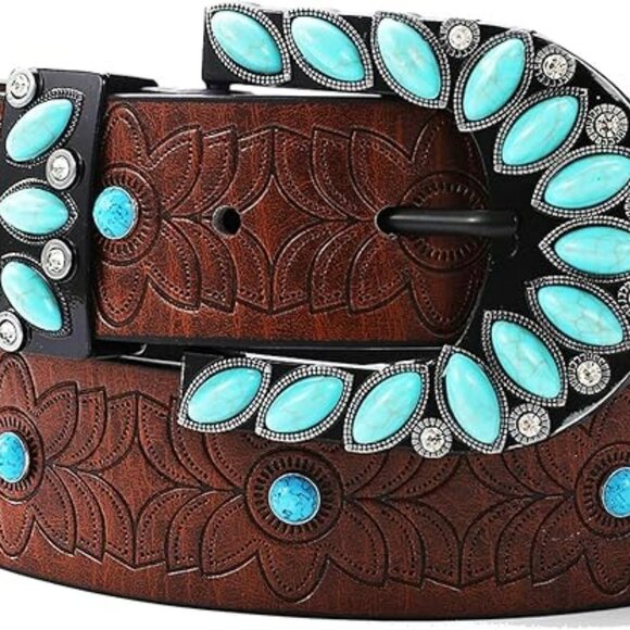 Boho Western Turquoise Belt Cowgirl Brown Statement Buckle Genuine Leather main image 5